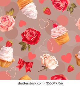 Seamless romantic pattern with roses, cupcakes and heart shapes. Vector illustration.