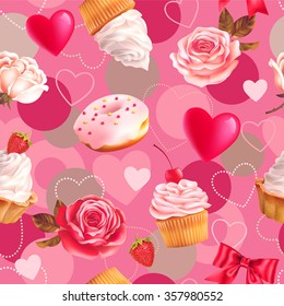 Patrón romántico sin inconvenientes con rosas, quequitos y formas cardíacas. Ilustración vectorial.