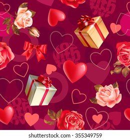 Patrón romántico sin foco con rosas, regalos y formas cardíacas. Ilustración vectorial.