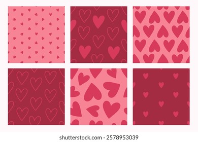 Seamless romantic pattern set with cute hand drawn hearts. Scandinavian design style, illustration for textile, manufacturing. Design for Valentine's Day, vector illustration