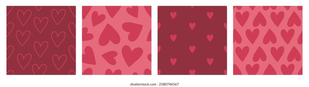 Seamless romantic pattern set with cute hand drawn hearts. Scandinavian design style, illustration for textile, manufacturing. Design for Valentine's Day, vector illustration