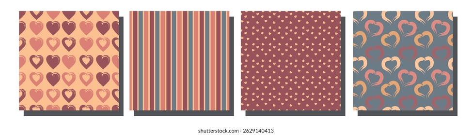 Seamless romantic pattern set with hearts and stripes in hand-drawn style featuring warm vintage tones and retro design elements