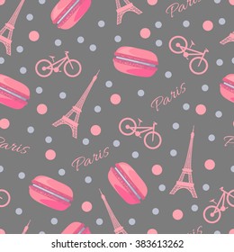 Seamless romantic pattern with tasty macaroons, Eiffel Tower, Paris, bike and dots. Sweet donuts isolated on grey background. Retro desserts. For food industry for wallpaper, wrapping paper. Vector