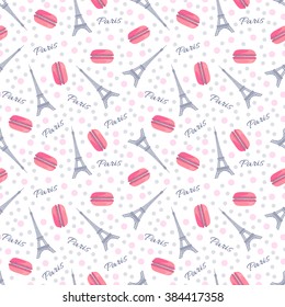 Seamless romantic pattern with tasty macaroons, Eiffel Tower, Paris and dots. Sweet donut isolated on white background. Delicious retro dessert. For food industry for wallpaper, wrapping paper. Vector