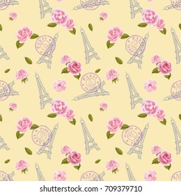 Seamless romantic pattern with unique symbol of Paris - Eiffel Tower with pink roses and postal seals on white background.