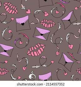 Seamless romantic pattern for Valentine's day. Love message in an envelope, kisses, curly arrows with hearts. Fashionable and glamorous decoration of any of your bold advertising projects.