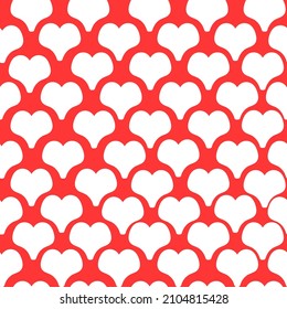 Seamless romantic pattern with white hearts. Red background. Fashion design template, greeting cards, printing, Valentine's Day, vintage textiles. Vector texture.