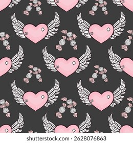 Seamless Romantic Pattern with Winged Hearts and Rings. Flying Pink Hearts and Diamond Rings Vector Background