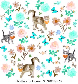 Seamless romantic print for fabric, wallpaper with kittens, fluttering butterflies and flowers on a white background in vector. Summer natural animal pattern. Chinese new year 2023.