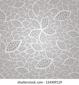 Seamless romantic silver lace leaves wallpaper pattern. This image is a vector illustration.