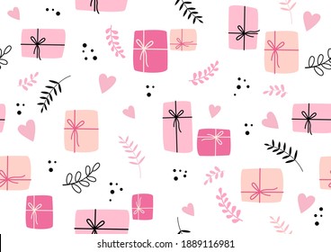 Seamless romantic spring vibe pattern with hearts and gift boxes