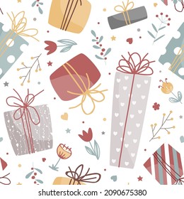 Seamless romantic spring vibe pattern with flowers, hearts and gift boxes. Birthday or Valentine day vector doodle background.