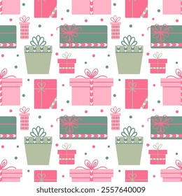 Seamless romantic spring vibe pattern with hearts and gift boxes.