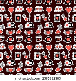 Seamless romantic valentine pattern. Love symbols, decor, hearts, gifts and arrows on black background. Vector illustration. Festive design for Valentine Day