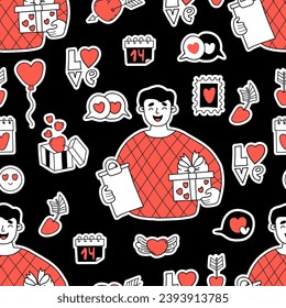 Seamless romantic valentine pattern. Man with gift, symbols love, signs, hearts and arrows on black background. Vector illustration. Festive design for Valentine's Day