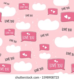 Seamless romantic Valentin's Day pattern with hearts , vector speech bubbles and clouds