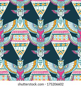 Seamless romb background. Endless geometric pattern. Native american indigenous ornamental seamless pattern background with feathers and totem poles.