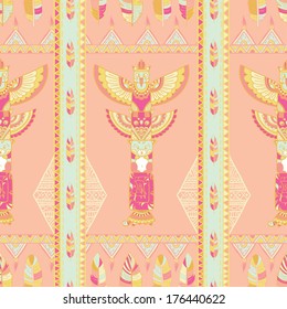 Seamless romb background. Endless geometric pattern. Native american indigenous ornamental seamless pattern background with feathers and totem poles.