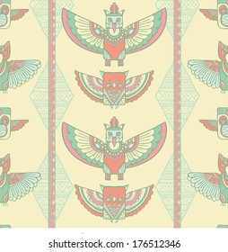 Seamless romb background. Endless geometric pattern. Native american indigenous ornamental seamless pattern background with feathers and totem poles.