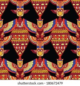 Seamless romb background. Endless geometric pattern. Native american indigenous ornamental seamless pattern background with feathers and totem poles.