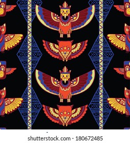Seamless romb background. Endless geometric pattern. Native american indigenous ornamental seamless pattern background with feathers and totem poles.