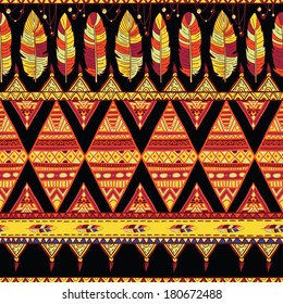 Seamless romb background. Endless geometric pattern. Native american indigenous ornamental seamless pattern background with feathers and totem poles.