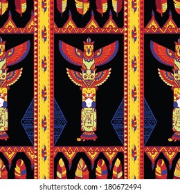 Seamless romb background. Endless geometric pattern. Native american indigenous ornamental seamless pattern background with feathers and totem poles.