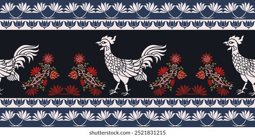 Seamless rooster pattern fabric Thai style and decorated with a bouquet of flowers on black  background. Trendy print. Fantasy print, great design for any purposes.Vector,illustration. 