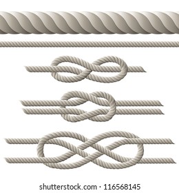 Seamless rope and rope with different knots. Vector illustration