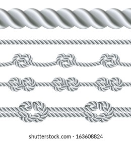 Seamless rope and rope with different knots. Vector illustration