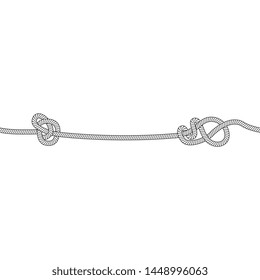 Seamless rope line with two marine knots, black and white nautical cord with twisted loop design on each side, hand drawn string cable vector illustration isolated on white background