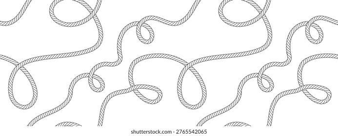 Seamless rope pattern on white background. Twisted braided cord forming loops and curves. Horizontal nautical texture with twisted rope design.