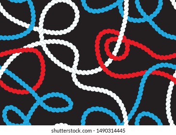 Seamless Rope Pattern; Red, Blue and White Ropes on Black Background