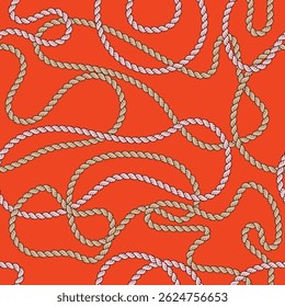 Seamless rope vector design featuring beige and twisted cords on a bold red backdrop.