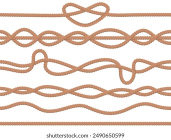 Seamless ropes. Sailor twisted cords. Nautical jute twine borders with loops. Sea knots and weaves. Nautical braided cables. Intertwined cordage. Decorative curved thread