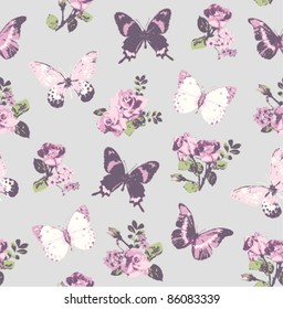 seamless rose with butterfly on grey background