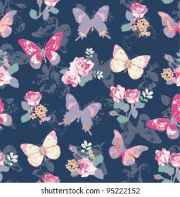 seamless rose with butterfly on navy background