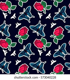 Seamless rose and butterfly pattern. Set of stickers, pins, patches and handwritten notes collection in cartoon. Vector illustration