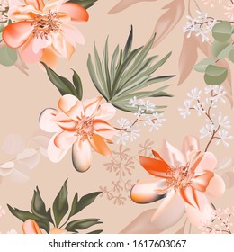 Seamless rose and eucaluphtys branch. Tropical pattern flower and greenery palm leaves realistic vector illustration , luxury boho floral print pattern. Rustic bohemian nature hawaii print.