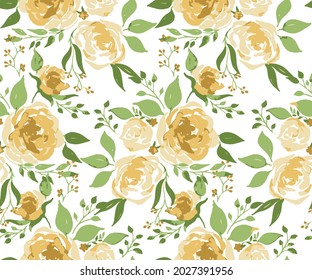 Seamless rose floral pattern with flowers and leaves composition on white background, perfect for wrappers, wallpapers, postcards, greeting cards, wedding invitations, romantic events, etc.