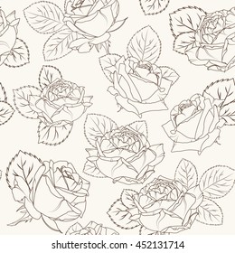 Seamless rose flower pattern. Brown line on beige background