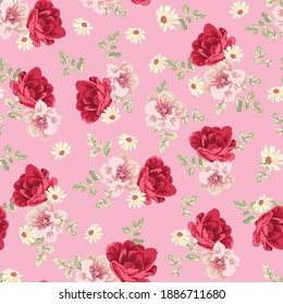 Seamless rose flower pattern, ditsy, daisy, small sunflower, vintage floral bouquet for fashion, spring, Valentines, textile, wedding invites