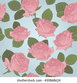Seamless rose flower pattern on blue background