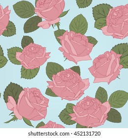 Seamless rose flower pattern on blue background