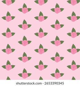 Padrão de flor de rosa sem costura com rosas cor-de-rosa e folhas verdes no fundo rosa claro, design de vetor floral romântico, amostra repetida no painel de amostras