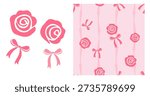 Seamless rose flower pattern with ribbon bow icons in cute pink illustration style.