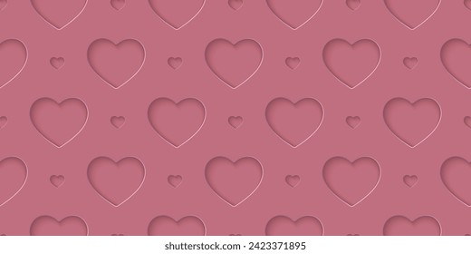 Nahtlose Rose Liebesmuster mit Herzen. Schönes Papier schneidet Herz auf Hintergrund. Paperschnitt-Illustration für die kosmetische Produktdarstellung, Valentinstag-Verpackungspapier, Präsentation, Textilien, Tapeten.