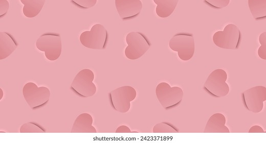 Seamless rose love pattern with hearts. Beautiful paper cut heart on background. Papercut illustration for cosmetic product display, valentine day wrapping paper, presentation, textile, wallpaper.