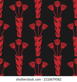 seamless rose pattern bouquet red silhouette on black background vector image eps