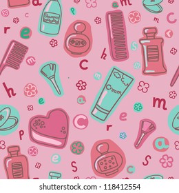 Seamless rose pattern with cosmetic products. Endless hand drawn decorative cartoon texture. Template for design and decoration